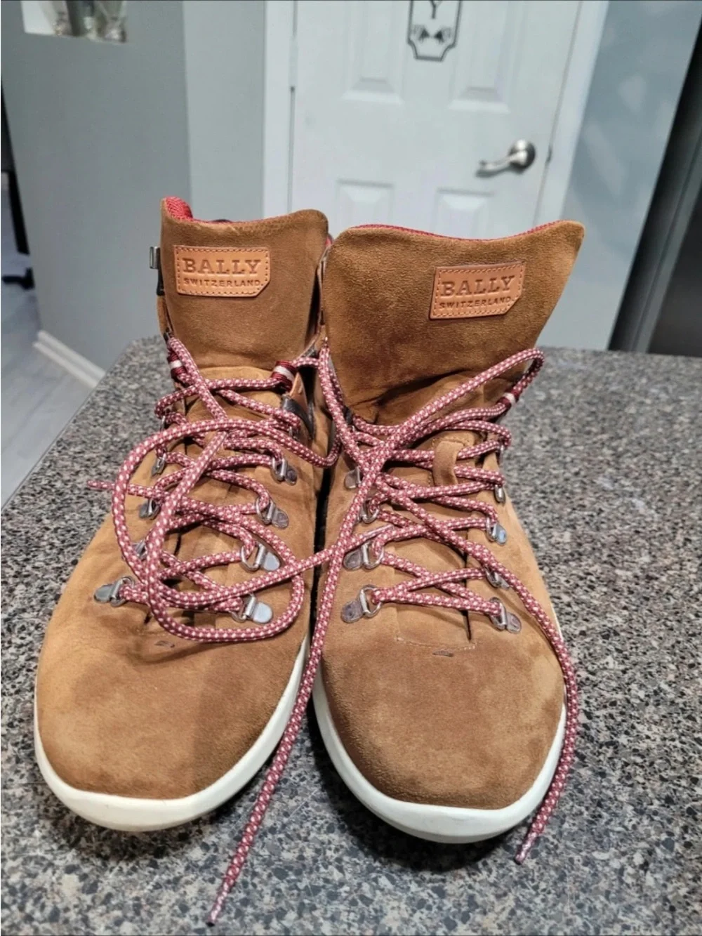 Men's Brown Ballys Suede High-Top Sneakers with Red Accents